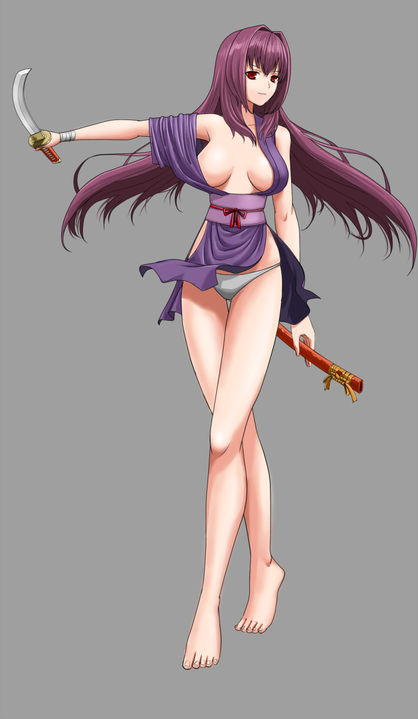 1girl alternate_costume barefoot breasts fate/grand_order fate_(series) highres japanese_clothes katana large_breasts long_hair no_bra off_shoulder panties pelvic_curtain pmh purple_hair red_eyes scabbard scathach_(fate/grand_order) sheath solo sword underwear weapon white_panties