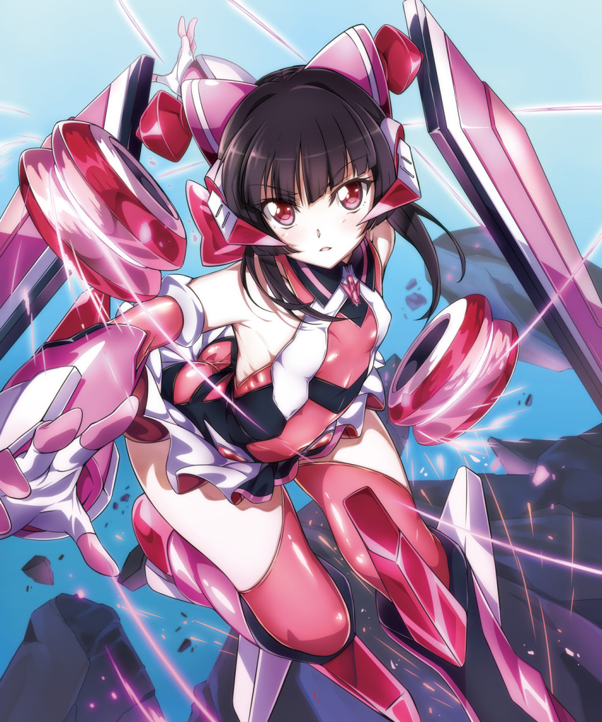 1girl ass bare_shoulders black_hair blush bodysuit breasts butt_crack commentary_request elbow_gloves gloves hair_ornament headgear highres long_hair niko_(tama) open_mouth parted_lips pink_eyes senki_zesshou_symphogear skin_tight small_breasts solo thigh-highs tsukuyomi_shirabe twintails