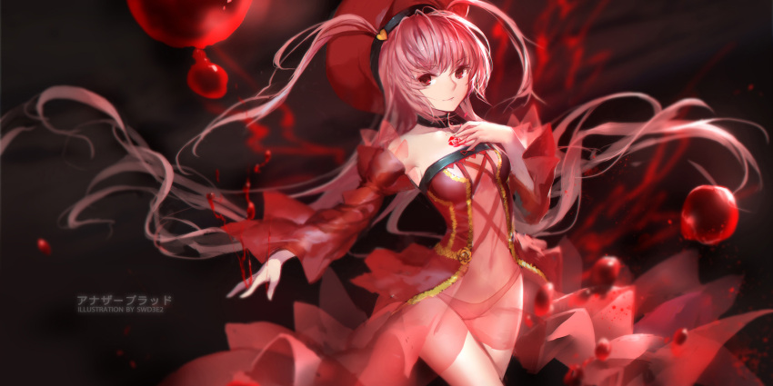 1girl another_blood blood choker collarbone darkness demonbane detached_sleeves dress hairband hat highres long_hair long_sleeves looking_at_viewer m.u.g.e.n no_bra panties pink_hair red_dress red_eyes see-through smile solo swd3e2 two_side_up underwear very_long_hair wide_sleeves