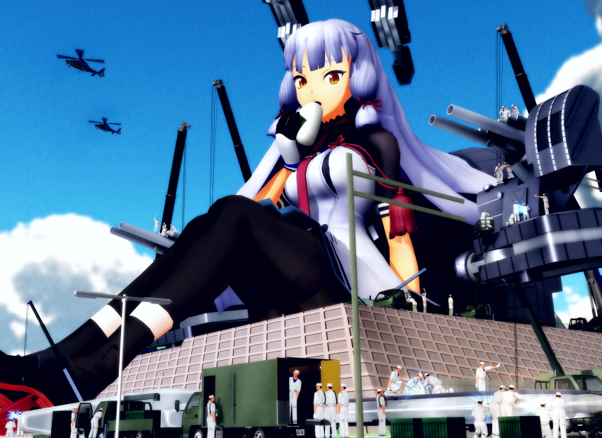 1girl 3d 6+boys artist_request breasts eating food giantess helicopter highres kantai_collection looking_at_viewer mikumikudance motor_vehicle multiple_boys murakumo_(kantai_collection) onigiri pantyhose remodel_(kantai_collection) repairing sailor truck vehicle