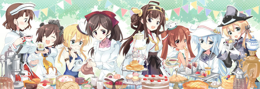 absurdres blonde_hair blue_eyes brown_eyes brown_hair cake cup food glasses hairband hat headgear hibiki_(kantai_collection) highres hizuki_yayoi i-8_(kantai_collection) jam japanese_clothes kantai_collection kongou_(kantai_collection) libeccio_(kantai_collection) long_hair mamiya_(kantai_collection) multiple_girls nontraditional_miko notepad open_mouth peaked_cap pen pie pouring prinz_eugen_(kantai_collection) roma_(kantai_collection) short_hair silver_hair smile swimsuit tea teacup teapot tiered_tray twintails uniform verniy_(kantai_collection) yukikaze_(kantai_collection) yunomi