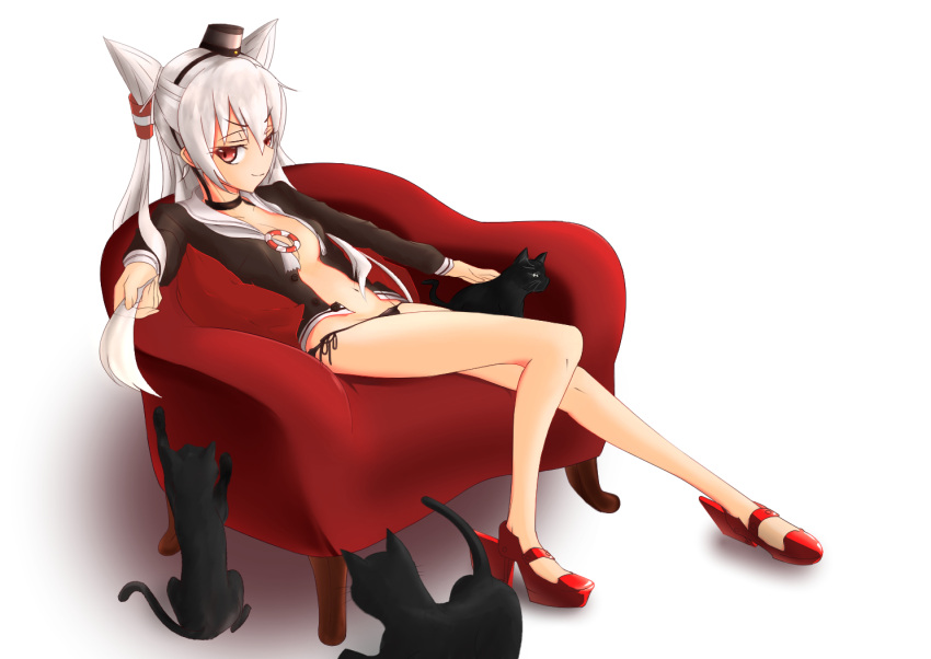 1girl amatsukaze_(kantai_collection) black_cat black_panties brown_eyes cat choker couch hair_tubes kantai_collection long_hair looking_at_viewer naka_(nakamaru_ak) navel panties school_uniform serafuku side-tie_panties silver_hair sitting smile two_side_up underwear