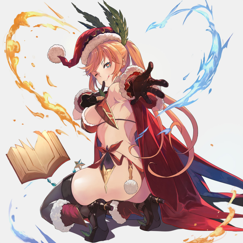 1girl aqua_eyes ass bent_knees black_gloves blue_fire book breasts cape clarisse_(granblue_fantasy) fire from_behind gloves granblue_fantasy hat heart heart-shaped_pupils high_heels highres large_breasts light_brown_hair long_hair looking_at_viewer midriff open_book panties ponytail por red_panties santa_costume santa_hat skindentation solo symbol-shaped_pupils thigh-highs thighs thong tongue tongue_out underwear