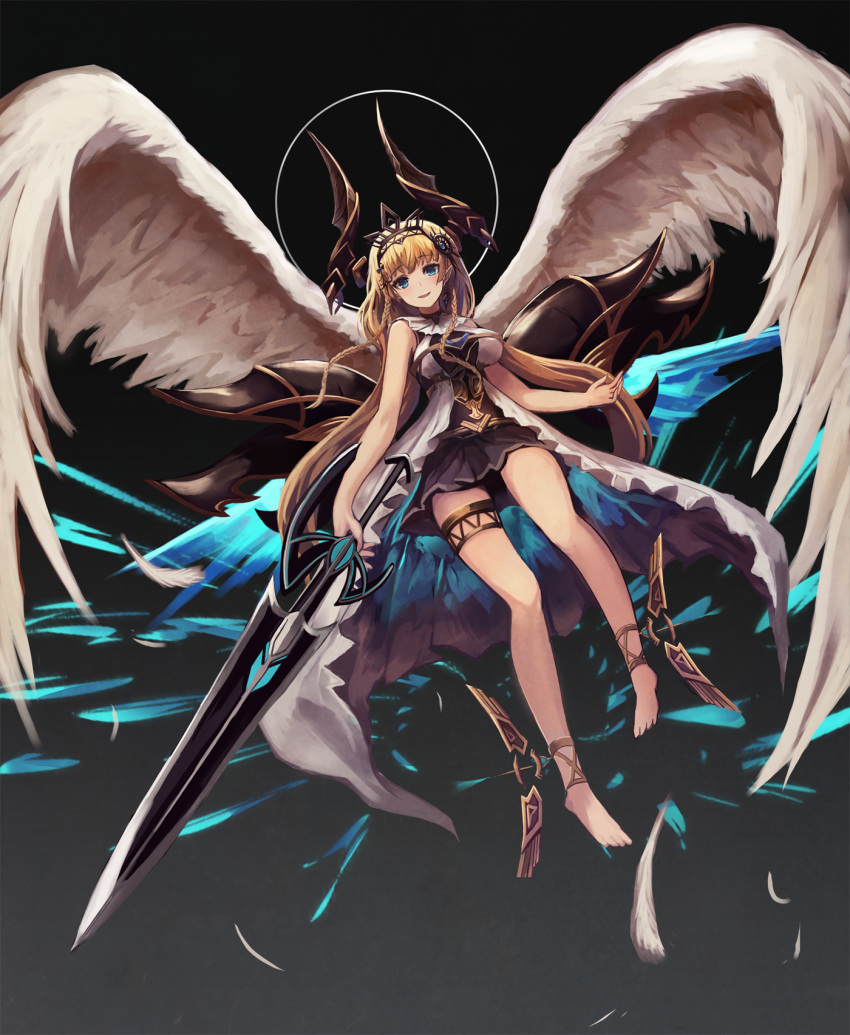 1girl ankle_wings armor bangs barefoot belt black_background blonde_hair blue_eyes braid eruthika eyebrows eyebrows_visible_through_hair feathered_wings feathers full_body gradient gradient_background hair_ornament hairband half_updo headgear highres holding_sword holding_weapon legs_apart long_hair looking_at_viewer miniskirt multiple_wings original pleated_skirt skirt sleeveless smile solo sword thigh_strap tiara twin_braids very_long_hair weapon white_wings wings