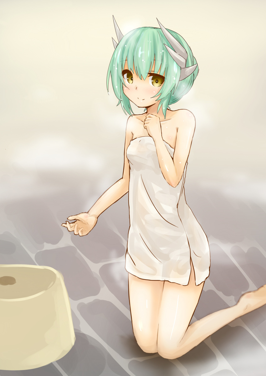 1girl absurdres artist_request bare_arms barefoot blush collarbone fate/grand_order fate_(series) green_hair headgear highres kiyohime_(fate/grand_order) kneeling looking_at_viewer naked_towel no_legwear shiny shiny_skin short_hair side_slit smile solo stone_floor towel yellow_eyes