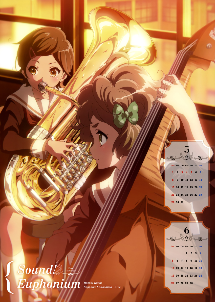 2girls absurdres bow calendar character_name copyright_name double_bass hair_bow hair_ornament hairclip hibike!_euphonium highres instrument june katou_hazuki kawashima_sapphire may multiple_girls polka_dot polka_dot_bow school_uniform serafuku tuba