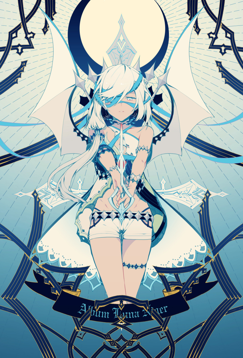 1girl argyle_cutout armlet bare_shoulders belt cape crescent_moon cropped_legs crown expressionless eyepatch groin highres hip_vent holding_sword holding_weapon jewelry leg_garter light_rays looking_at_viewer midriff moon neck_ring original ovos parted_lips short_shorts shorts sidelocks solo spikes sword teeth thigh_gap v_arms weapon white_eyes white_hair white_wings wings