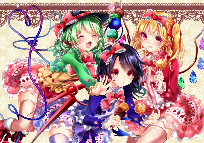 3girls :d ^_^ alternate_costume asymmetrical_wings bangs black_hair blonde_hair blush boots border bow chestnut_mouth closed_eyes cropped_legs diamond_(shape) double_scoop dress eyeball eyebrows eyebrows_visible_through_hair fang finger_to_mouth flandre_scarlet floral_print food food_themed_clothes frills fur_trim green_hair hair_bow hair_ornament hair_ribbon hat hat_ribbon heart heart_of_string highres holding_food houjuu_nue ice_cream ice_cream_cone ice_cream_cone_spill komeiji_koishi lace lace-trimmed_bow lace_background long_sleeves looking_at_viewer multiple_girls one_side_up open_mouth pounce print_dress purple_legwear pushing red_boots red_bowtie red_eyes red_ribbon ribbon ribbon_trim shanghai_bisu short_hair skirt smile spread_fingers strawberry_hair_ornament strawberry_print swept_bangs thigh-highs third_eye too_many too_many_scoops touhou triple_scoop wavy_mouth wings zettai_ryouiki
