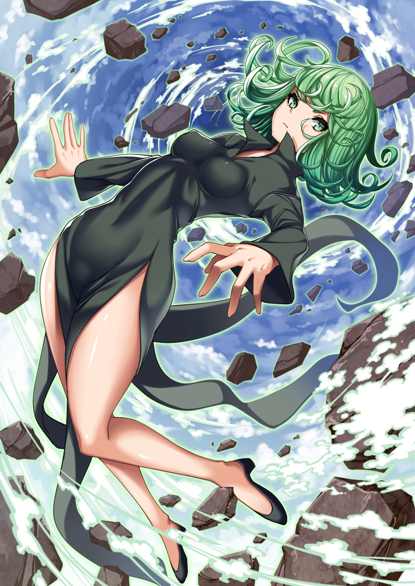 1girl absurdres bangs black_dress black_shoes blue_sky closed_mouth covered_navel dress flipped_hair floating frown full_body green_eyes green_hair high_heels highres impossible_clothes impossible_dress long_sleeves looking_at_viewer onepunch_man open_\m/ rock shoes short_hair side_slit sky solo spiral takanashi-a tatsumaki telekinesis