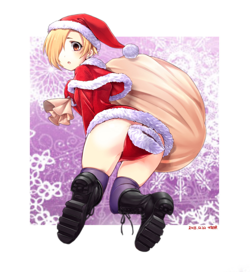 1girl bags_under_eyes black_legwear blonde_hair blush boots brown_eyes christmas covering covering_crotch earrings from_behind hair_over_one_eye hat highres idolmaster idolmaster_cinderella_girls jewelry looking_at_viewer looking_back no_panties ooike_teru open_mouth sack santa_costume santa_hat shirasaka_koume short_hair sleeves_past_wrists solo thigh-highs