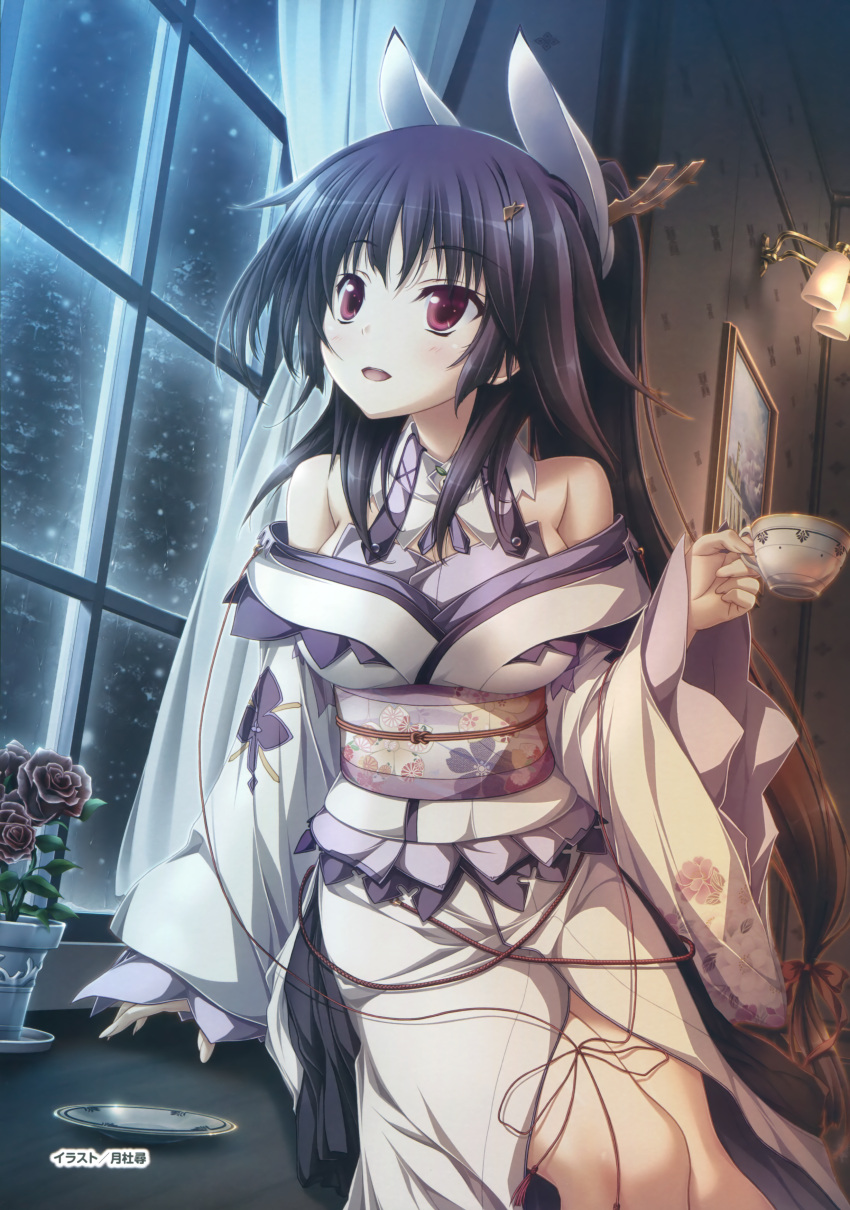 1girl :d absurdres arm_support black_hair cup curtains detached_collar flower hair_ornament hairclip hapymaher hasuno_saki highres japanese_clothes kimono obi off_shoulder open_mouth plant ponytail potted_plant red_eyes sash saucer smile snowing solo teacup tree tsukimori_hiro window