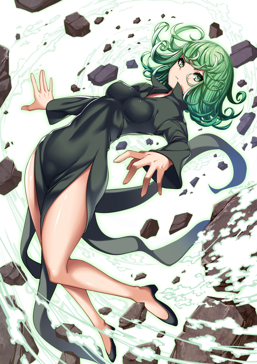1girl absurdres bangs black_dress black_shoes closed_mouth covered_navel dress flipped_hair floating frown full_body green_eyes green_hair high_heels highres impossible_clothes impossible_dress long_sleeves looking_at_viewer onepunch_man open_\m/ rock shoes short_hair side_slit solo spiral takanashi-a tatsumaki telekinesis