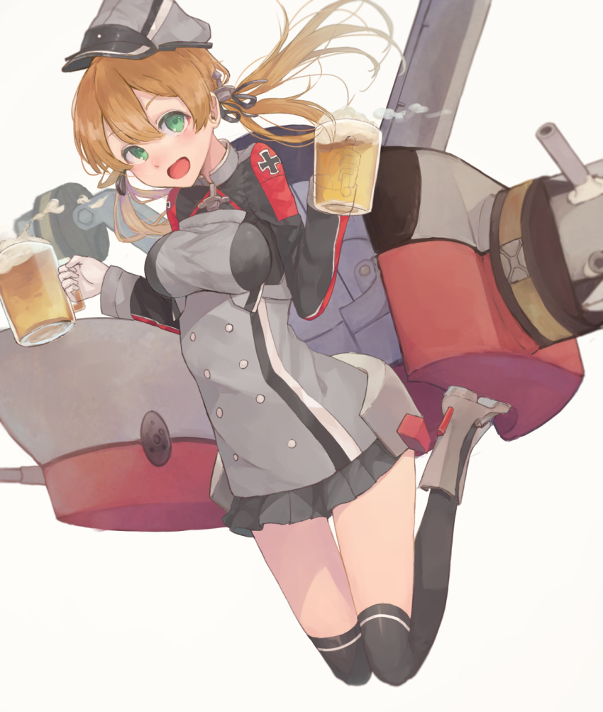 1girl alcohol beer beer_mug blonde_hair gloves hair_ornament hat highres kantai_collection kikkaiki long_hair open_mouth peaked_cap prinz_eugen_(kantai_collection) skirt smile solo twintails uniform