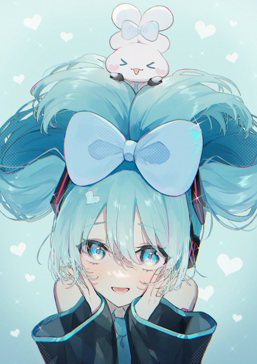 &gt;_&lt; 1girl :d absurdres aqua_eyes aqua_hair aqua_necktie bangs bare_shoulders black_sleeves blue_bow blush_stickers bow chromatic_aberration cinnamiku cinnamoroll collared_shirt commentary_request crossover detached_sleeves grey_shirt hair_between_eyes hair_bow hair_ornament hands_on_own_cheeks hands_on_own_face hatsune_miku heart highres looking_at_viewer matching_outfit necktie necojishi open_mouth sanrio shirt smile tied_ears updo upper_body vocaloid wide_sleeves