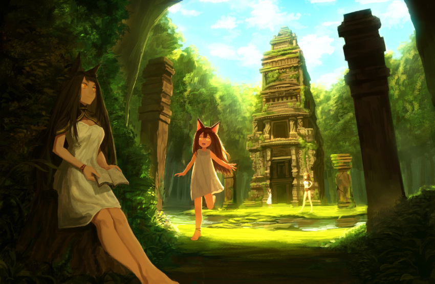 4girls :d animal_ears anklet backlighting bangs barefoot blue_sky book bracelet breasts broken brown_hair cleavage closed_mouth clouds crop_top dress forest grass hand_on_hip hikaru_kirara holding holding_book jewelry legs_apart long_hair midriff multiple_girls nature open_book open_mouth orange_eyes original outdoors running short_sleeves sitting sky sleeveless sleeveless_dress smile standing sundress tank_top tree vines water white_dress yellow_eyes