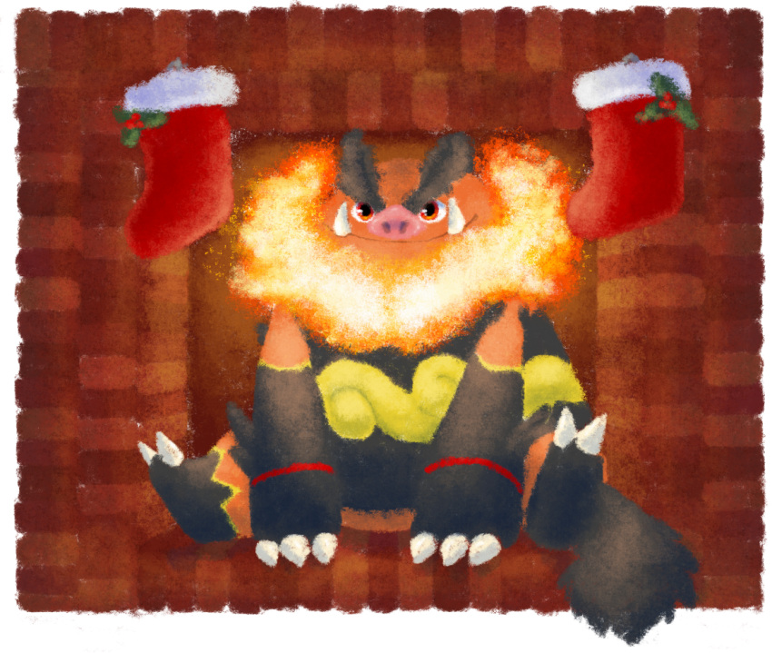 christmas_stocking emboar fireplace flame fuzziestdrawings looking_at_viewer no_humans pokemon pokemon_(creature) red_eyes sitting smile