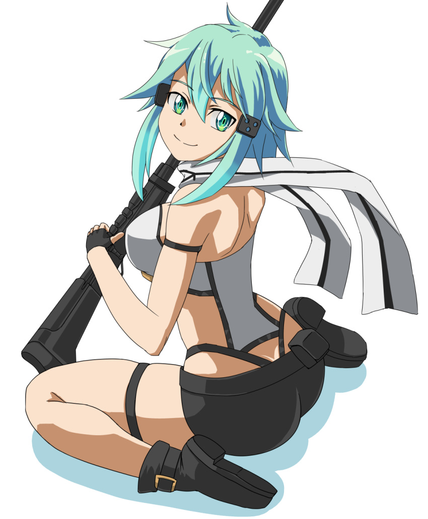 1girl anti-materiel_rifle ass bare_legs breasts from_behind green_eyes green_hair gun highres large_breasts pgm_hecate_ii ranobe-senka rifle shinon_(sao) sitting skindentation smile sniper_rifle solo sword_art_online thigh_strap thighs wariza weapon