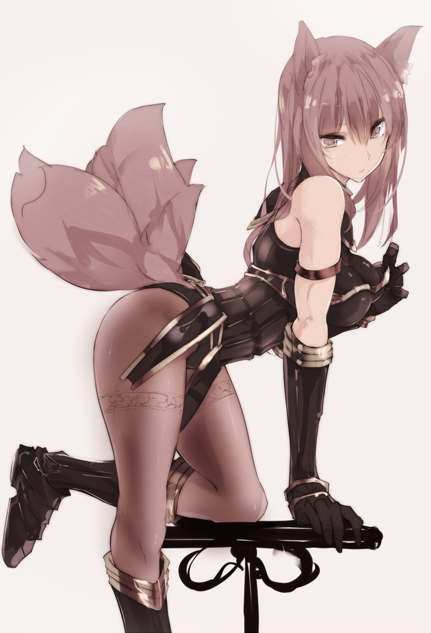 1girl animal_ears armlet bare_shoulders black_gloves black_legwear boots breasts brown_eyes brown_hair elbow_gloves fox_ears fox_tail gloves highres leotard long_hair looking_at_viewer multiple_tails one_knee open_mouth original pantyhose solo tail thighband_pantyhose touma_kisa