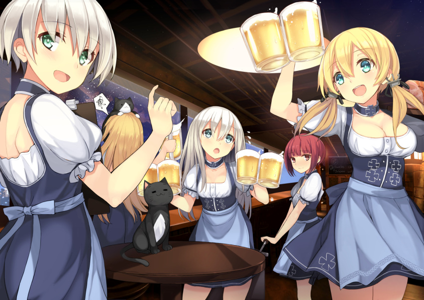 5girls :d :o alcohol alternate_costume beer beer_mug bismarck_(kantai_collection) blonde_hair blue_eyes brown_eyes brown_hair cat dirndl dreamlight2000 dress german_clothes kantai_collection looking_at_viewer matching_outfit multiple_girls oktoberfest open_mouth prinz_eugen_(kantai_collection) redhead short_hair smile spoken_squiggle squiggle twintails u-511_(kantai_collection) unsinkable_sam z1_leberecht_maass_(kantai_collection) z3_max_schultz_(kantai_collection)