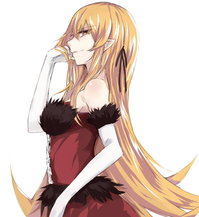 1girl absurdres blonde_hair highres kiss-shot_acerola-orion_heart-under-blade kou_mashiro long_hair monogatari_(series) pointy_ears simple_background solo very_long_hair white_background yellow_eyes