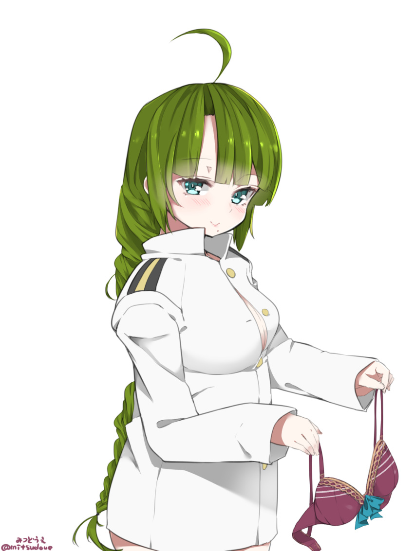 1girl :&gt; ahoge blue_eyes blush bra braid green_hair highres holding holding_bra kantai_collection long_hair looking_at_viewer military military_uniform mitsudoue mole mole_under_mouth naked_coat twitter_username underwear uniform very_long_hair white_background yuugumo_(kantai_collection)