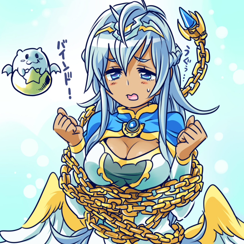 1girl andromeda_(p&amp;d) blue_eyes blue_hair blush blush_stickers breasts brooch chain cleavage dark_skin dress highres ishiyumi jewelry low_wings open_mouth puzzle_&amp;_dragons restrained solo_focus sweatdrop tamadra taut_clothes taut_dress tiara wings
