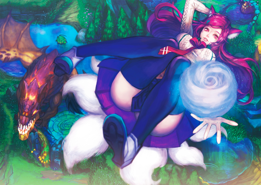 1girl ahri alternate_costume alternate_eye_color alternate_hair_color alternate_hairstyle animal_ears bibiko blue_skirt breasts dragon energy_ball falling fox_ears fox_tail from_above gromp large_breasts league_of_legends lips long_hair looking_at_viewer miniskirt multiple_tails parted_lips pleated_skirt red_eyes redhead shirt skirt slit_pupils smile solo tail thigh-highs thighs white_shirt
