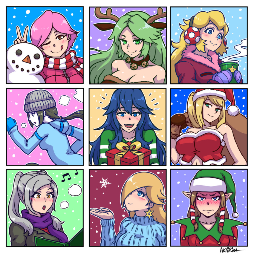 6+girls :d ;q akairiot animal_costume antlers artist_name beanie bell bell_collar blonde_hair blue_eyes blue_gloves blue_hair blue_sweater blush book breasts brown_eyes brown_hair cleavage coat collar collarbone cup deer_ears doubutsu_no_mori earmuffs earrings fire_emblem fire_emblem:_kakusei gift gloves green_eyes green_hair grey_hair hair_over_one_eye hat highres hoodie jewelry kid_icarus long_hair looking_at_viewer lucina super_mario_bros. metroid mole mole_under_mouth multiple_girls musical_note my_unit_(fire_emblem:_kakusei) navel nintendo one_eye_closed open_mouth orange_eyes palutena pink_hair pointy_ears ponytail princess_peach princess_zelda purple_scarf reindeer_antlers reindeer_costume rosetta_(mario) sack samus_aran santa_costume santa_hat scarf short_hair sidelocks singing smile snowflakes snowing snowman steam striped striped_scarf super_mario_bros. super_mario_galaxy super_smash_bros. sweater teeth the_legend_of_zelda the_legend_of_zelda:_twilight_princess tongue tongue_out turtleneck twintails v villager_(doubutsu_no_mori) white_skin wii_fit wii_fit_trainer winter_clothes winter_coat