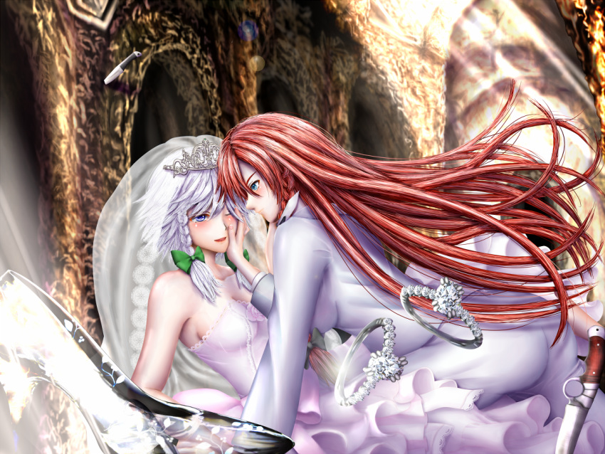 2girls bride commentary_request couple dress formal glass glass_slipper hand_on_another's_cheek hand_on_another's_face hong_meiling izayoi_sakuya jewelry knife long_hair multiple_girls redhead redoredo_(godprogress) ring strapless_dress suit tiara touhou veil very_long_hair wedding wedding_band wedding_dress white_dress wife_and_wife yuri