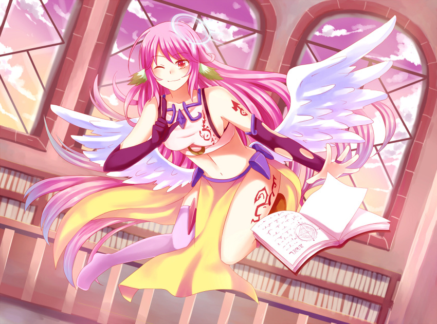 1girl angel_wings blush breasts bridal_gauntlets crop_top cross feathered_wings fuchsia91 gloves gradient_eyes gradient_hair halo jibril_(no_game_no_life) long_hair low_wings magic_circle midriff mismatched_legwear multicolored_eyes multicolored_hair navel no_game_no_life one_eye_closed orange_eyes pink_hair red_eyes sideboob single_shoe smile solo striped striped_legwear symbol-shaped_pupils tattoo thigh-highs very_long_hair white_wings wing_ears wings yellow_eyes