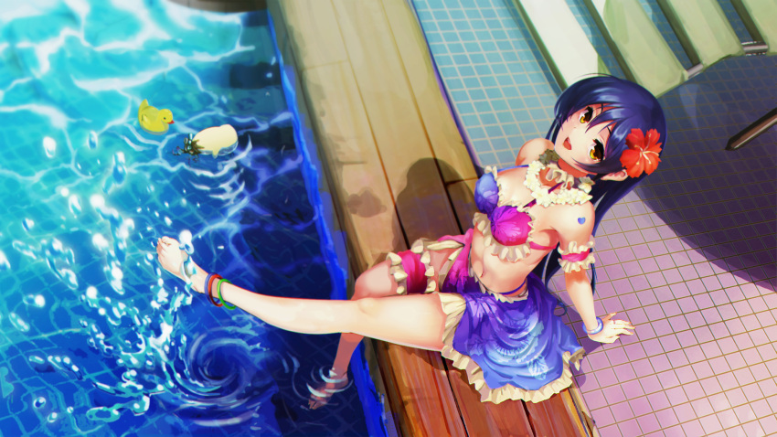 1girl anklet arm_support barefoot bikini blue_hair breasts cleavage feet_in_water highres jewelry leg_up long_hair love_live!_school_idol_project minami_kotori_(bird) navel pool rubber_duck sarong smile soaking_feet solo sonoda_umi swimsuit ushas water yellow_eyes