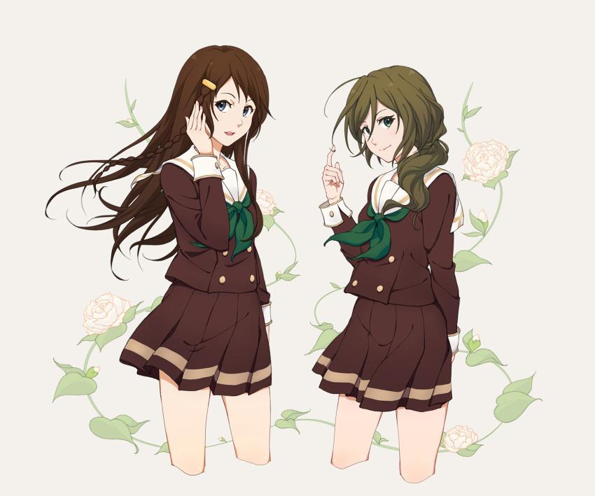 2girls blue_eyes blush braid brown_eyes brown_hair extra green_eyes hair_ornament hair_tucking hair_twirling hairclip hibike!_euphonium highres kitamura_raina long_hair multiple_girls pleated_skirt ponytail saika_yoriko sanada_(tony2035176) school_uniform serafuku single_braid skirt