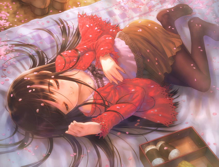 1girl absurdres black_hair black_legwear blanket camisole cardigan cherry_blossoms closed_eyes feet food goto_p hanami hands highres lace long_hair long_sleeves lying no_shoes obentou original outdoors pantyhose petals shoes_removed skirt sleeping smile solo