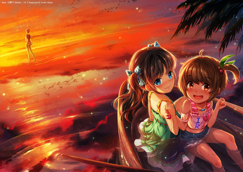 1991_(blz) 1boy 2girls bird blue_eyes blush brown_eyes brown_hair camisole clouds denim denim_shorts dress hair_bobbles hair_ornament highres holding_hands jewelry long_hair looking_at_viewer midriff multiple_girls navel necklace oar open_mouth original partially_submerged reflection ribbon rowboat short_hair short_shorts shorts side_ponytail sky smile sundress sunset tears tree twintails wading water wet wet_clothes