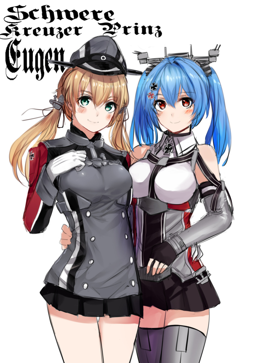 2girls absurdres anchor_hair_ornament bare_shoulders blonde_hair blue_eyes blue_hair breasts commentary_request crossover detached_sleeves fingerless_gloves gloves hair_ornament hand_on_another's_hip hat highres iron_cross kantai_collection kriegsmarine long_hair looking_at_viewer microskirt military military_uniform multiple_girls namesake peaked_cap prinz_eugen_(kantai_collection) prinz_eugen_(zhan_jian_shao_nyu) red_eyes skirt smile thigh-highs tuzik10 twintails uniform white_gloves zhan_jian_shao_nyu