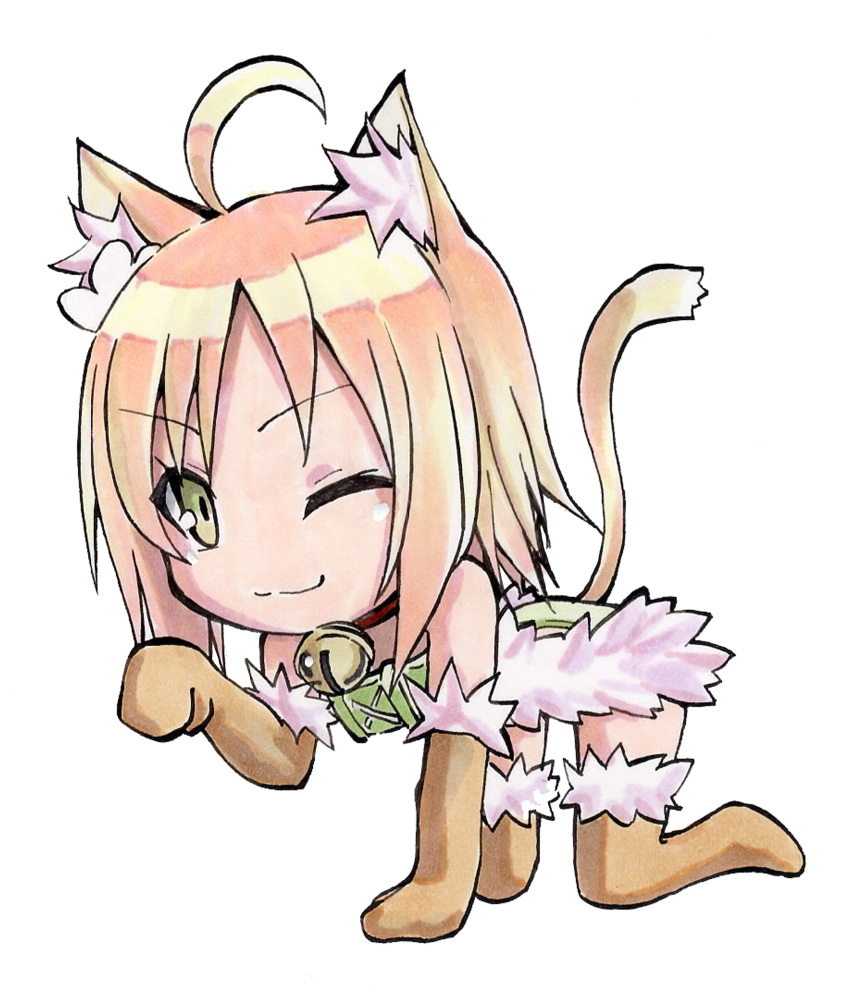 &gt;;3 1girl ;3 absurdres ahoge all_fours animal_ears bandeau bell bell_collar blonde_hair brown_gloves brown_legwear cat_ears cat_tail chibi collar cototiworld elbow_gloves fur-trimmed_gloves fur-trimmed_legwear fur_trim gloves green_eyes highres looking_at_viewer marker_(medium) paw_pose short_hair simple_background solo spica_(yumekui_merry) tail thigh-highs traditional_media white_background yumekui_merry
