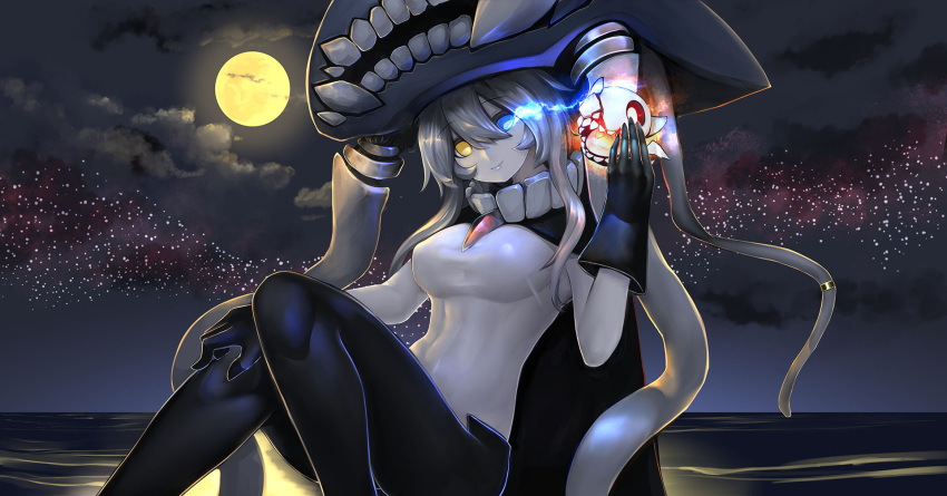 1girl bodysuit breasts cape clouds cloudy_sky enemy_aircraft_(kantai_collection) full_moon glowing glowing_eye hachachi headgear heterochromia highres horizon kantai_collection large_breasts long_hair looking_at_viewer moon night night_sky ocean shinkaisei-kan silver_hair sitting sky star_(sky) starry_sky white_skin wo-class_aircraft_carrier