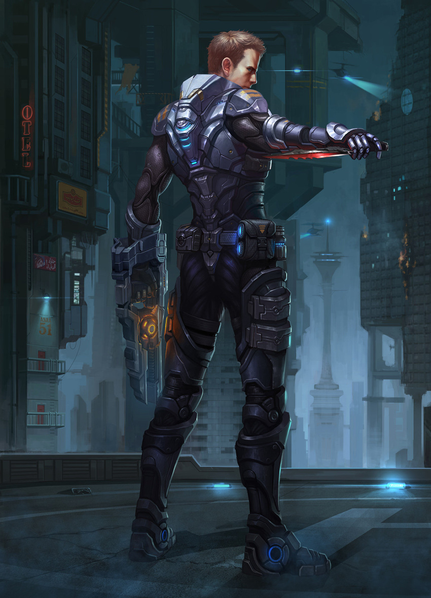1boy blue_eyes brown_hair combat_knife fire from_behind full_body gun helicopter highres holding holding_weapon knife left-handed looking_at_viewer looking_back number original outdoors outstretched_arm power_suit profile puz_lee realistic short_hair solo standing weapon