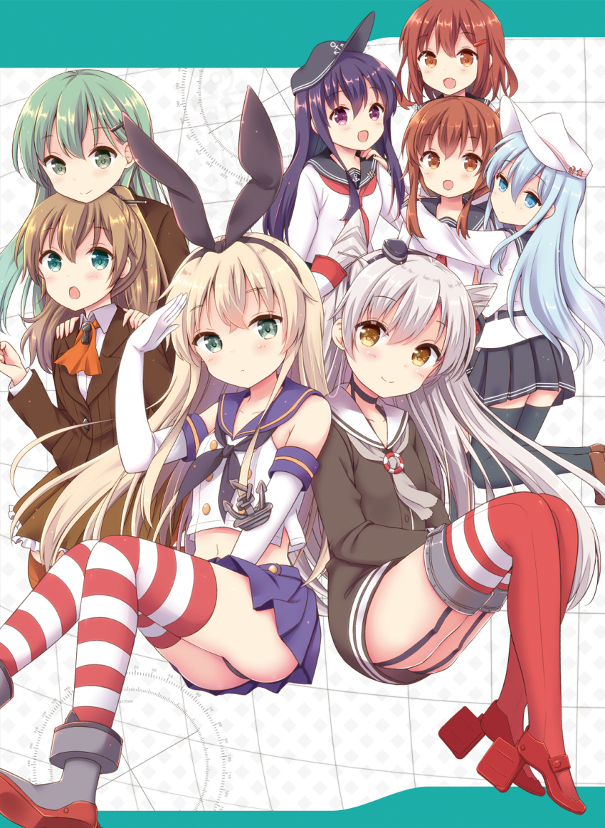 6+girls :o akatsuki_(kantai_collection) amatsukaze_(kantai_collection) anchor anchor_hair_ornament anchor_symbol bare_shoulders between_legs black_hair black_legwear black_skirt blonde_hair blue_eyes blue_skirt blush brown_dress brown_eyes brown_hair brown_skirt crop_top dress elbow_gloves flat_cap folded_ponytail garter_straps gloves green_eyes green_hair hair_between_eyes hair_ornament hair_tubes hairband hairclip hammer_and_sickle hand_between_legs hands_on_another's_shoulders hat head_on_head hibiki_(kantai_collection) highres hug ikazuchi_(kantai_collection) inazuma_(kantai_collection) kantai_collection kumano_(kantai_collection) long_hair long_sleeves looking_at_viewer looking_up miniskirt multiple_girls navel neckerchief open_mouth panties pleated_skirt ponytail red_legwear remodel_(kantai_collection) sailor_dress salute school_uniform serafuku shimakaze_(kantai_collection) short_dress short_hair silver_hair skirt sleeveless smile star striped striped_legwear suzuya_(kantai_collection) thigh-highs two_side_up underwear verniy_(kantai_collection) white_gloves windsock yoshikita_popuri zettai_ryouiki