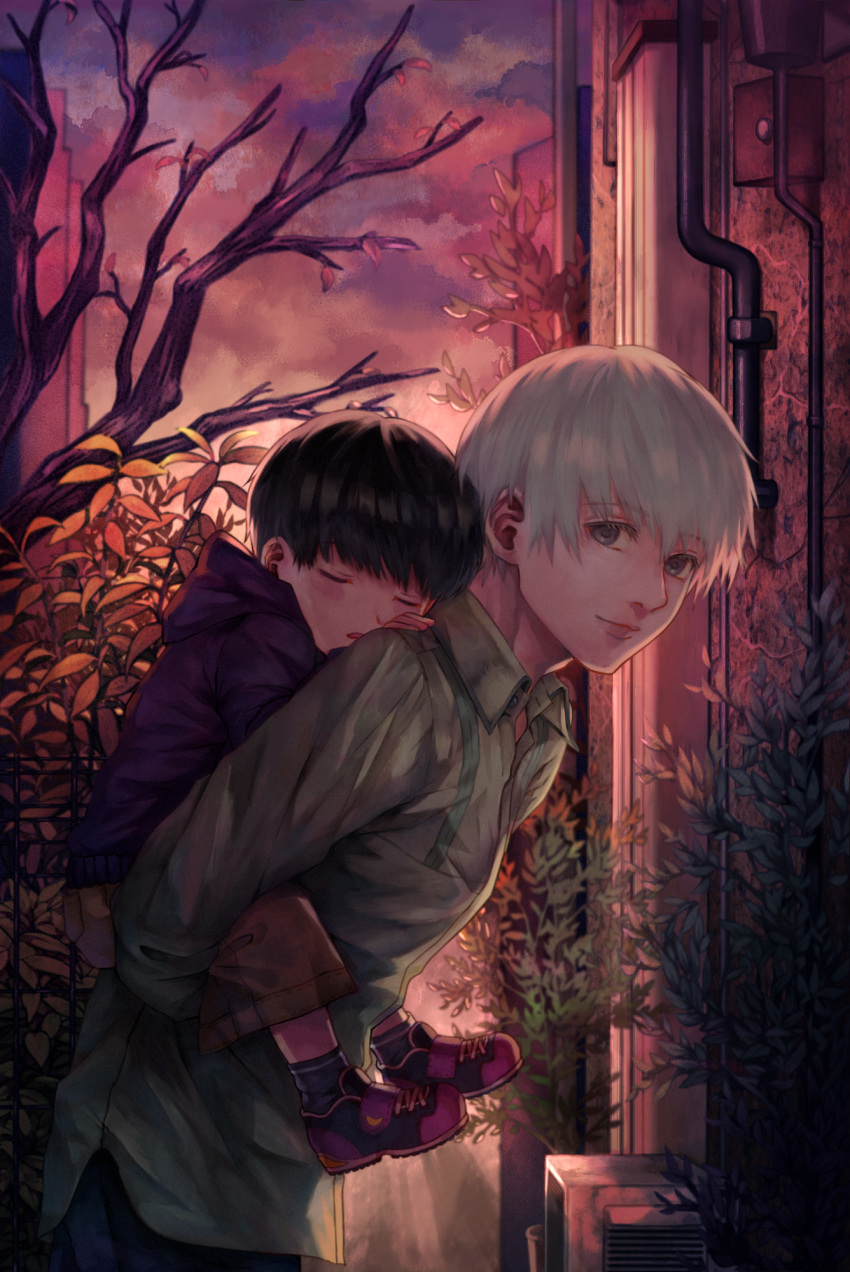 2boys bangs bare_tree black_hair blush closed_mouth clouds cross-laced_footwear dual_persona from_side grey_eyes hand_on_another's_shoulder highres hoodie kaneki_ken leaf leaning_forward long_sleeves looking_at_viewer male_focus multiple_boys outdoors piggyback pipes shoes shorts sky sleeping smile time_paradox tokyo_ghoul tree white_hair xino younger