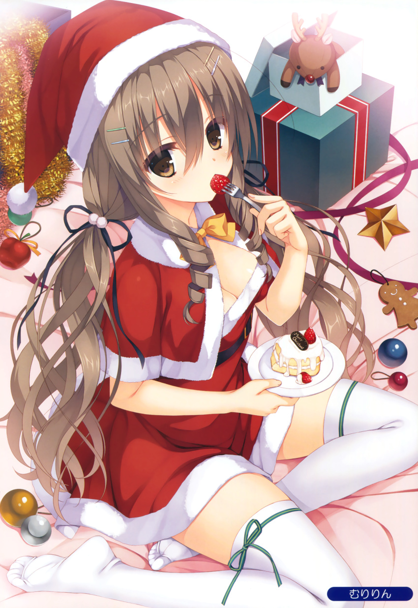 1girl absurdres bauble blush breasts brown_eyes brown_hair cake capelet cleavage curly_hair dress drill_hair eating food fork fruit fur_trim gingerbread_man hair_between_eyes hair_ornament hairclip hat highres long_hair looking_at_viewer low_twintails melonbooks mouth_hold muririn red_dress santa_hat scan sidelocks sitting solo strawberry thigh-highs twin_drills twintails white_legwear yokozuwari