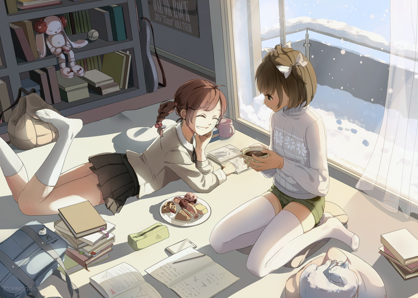 2girls :d ^_^ ahoge backpack backpack_removed bag balcony baseball black_skirt book bookshelf braid brown_eyes brown_hair cat closed_eyes comic cup curtains earrings food friends guitar hair_ornament hair_ribbon hairclip highres homework hot_chocolate indoors instrument jewelry kneehighs long_sleeves looking_at_another lying marmalade_(elfless_vanilla) math muffin multiple_girls on_stomach open_mouth original pencil pencil_case pillow plate pleated_skirt poster_(object) ribbon sandwich school_bag short_shorts shorts single_braid sitting skirt sleeping sliding_doors smile snow snowflake_print snowflakes snowing steam sweater teeth thigh-highs trigonometry two_side_up white_fur white_legwear white_ribbon window zettai_ryouiki