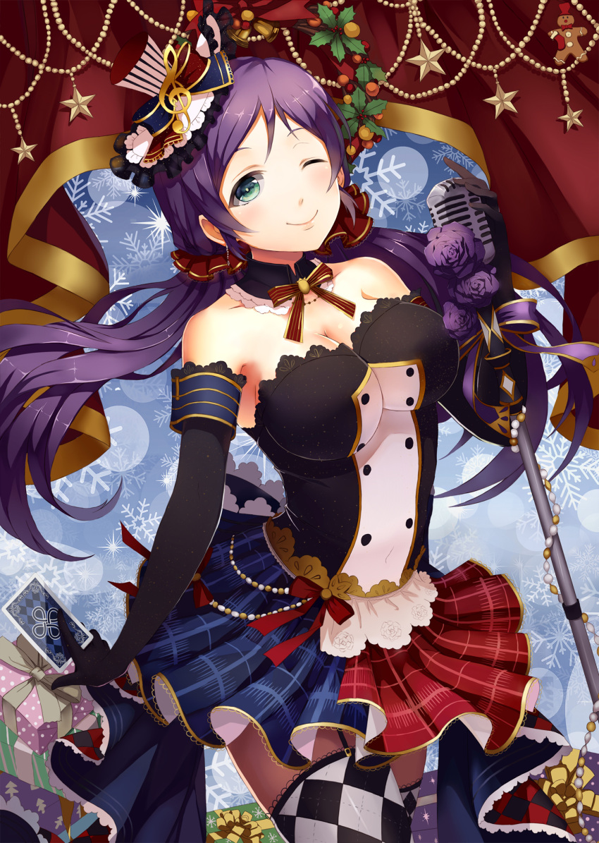 bare_shoulders blush dress gloves green_eyes hat long_hair love_live!_school_idol_project low_twintails smile toujou_nozomi twintails violet_hair wink