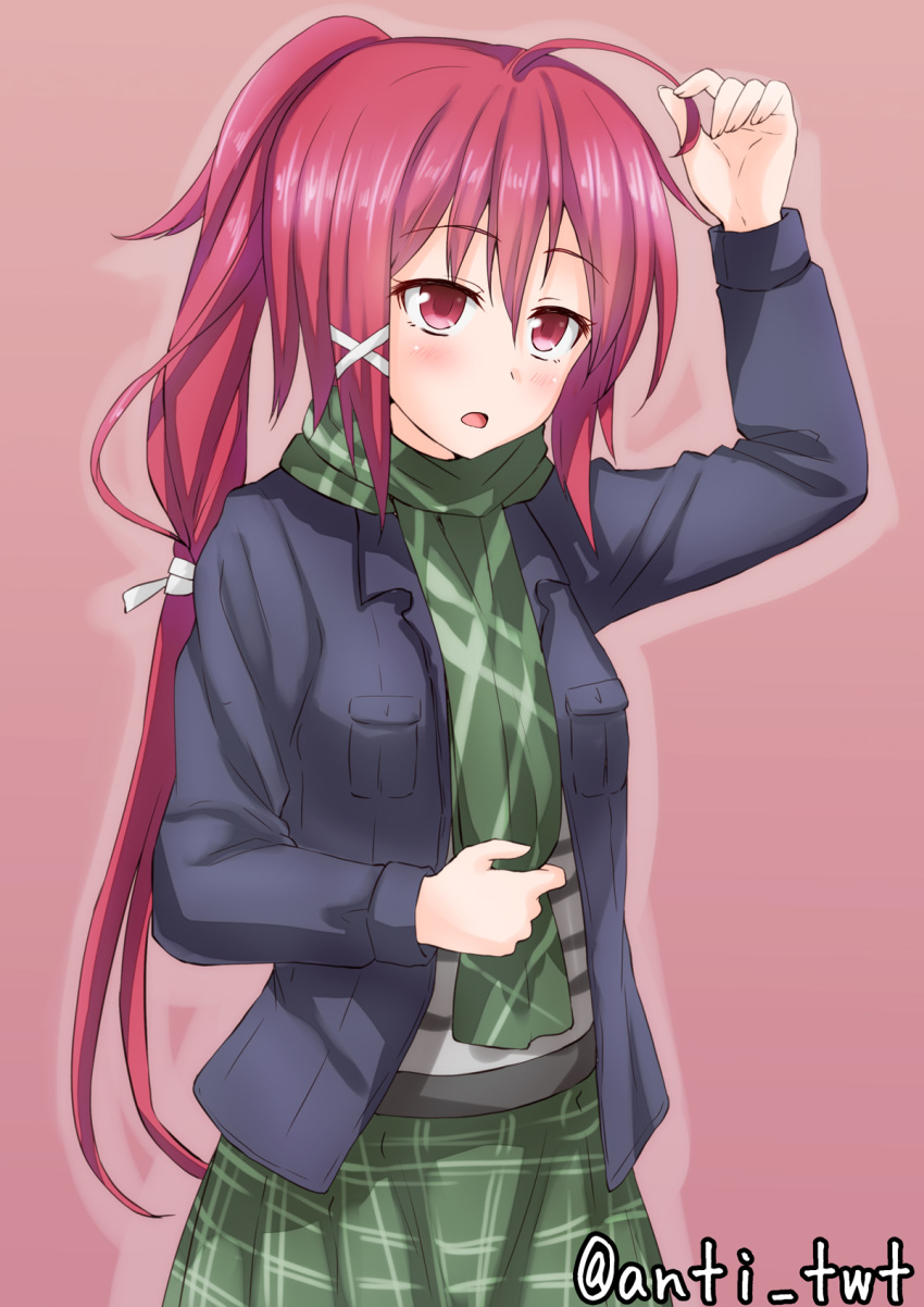 1girl ahoge anti_(untea9) arm_up blush casual commentary cowboy_shot green_scarf green_skirt hair_ornament hair_ribbon highres holding_hair i-168_(kantai_collection) jacket kantai_collection long_hair long_sleeves open_clothes open_mouth ponytail red_background redhead ribbon scarf shirt simple_background skirt solo standing striped striped_shirt twitter_username white_ribbon