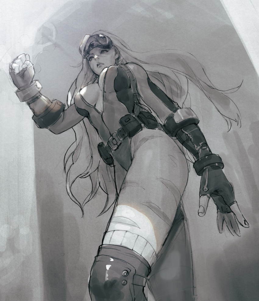 1girl alternate_costume arm_at_side belt belt_pouch boots braid breasts cammy_white camouflage clenched_hand closed_mouth fingerless_gloves from_below frown gloves goggles goggles_on_head highres knee_pads leotard long_hair monochrome nax ribbed_legwear scar sketch sleeveless smoke solo street_fighter street_fighter_v very_long_hair walking
