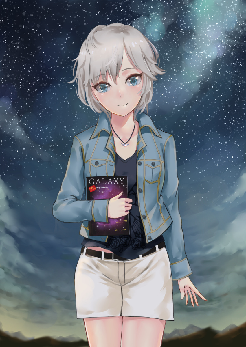 1girl anastasia_(idolmaster) blue_eyes grey_hair highres holding_hands idolmaster idolmaster_cinderella_girls jewelry looking_at_viewer necklace outdoors short_hair sky smile solo star_(sky) starry_sky white_shorts yamoge