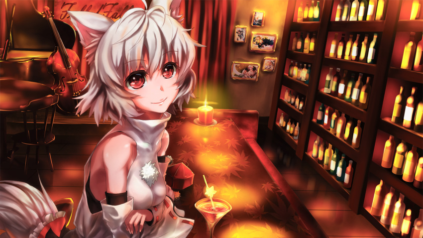 1girl albino animal_ears bar bare_shoulders cocktail_glass crossed_arms cup detached_sleeves drinking_glass inubashiri_momiji k2pudding shirt short_hair silver_hair skirt smile solo tail touhou white_hair wolf_ears wolf_tail