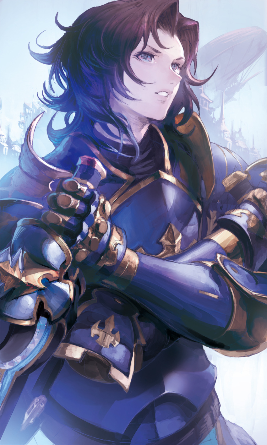 1boy aircraft armor bangs blue_eyes building dual_wielding granblue_fantasy highres hikaru_(atelier_no_note) holding_sword holding_weapon lancelot_(granblue_fantasy) male_focus parted_bangs sky solo sword upper_body weapon