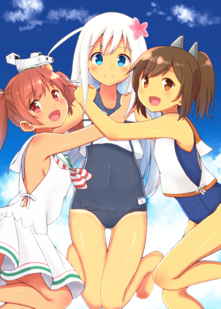 1girl 3girls :d absurdres bare_shoulders barefoot blue_eyes blush brown_eyes brown_hair commentary_request crop_top dress fang flower girl_sandwich group_hug hair_flower hair_ornament hair_ribbon hat highres hug i-401_(kantai_collection) kantai_collection libeccio_(kantai_collection) long_hair looking_at_viewer multiple_girls negishio one-piece_swimsuit one-piece_tan open_mouth ponytail ribbon ro-500_(kantai_collection) sailor_collar sailor_dress sandwiched school_swimsuit short_ponytail silver_hair sleeveless smile swimsuit swimsuit_under_clothes tan tanline twintails