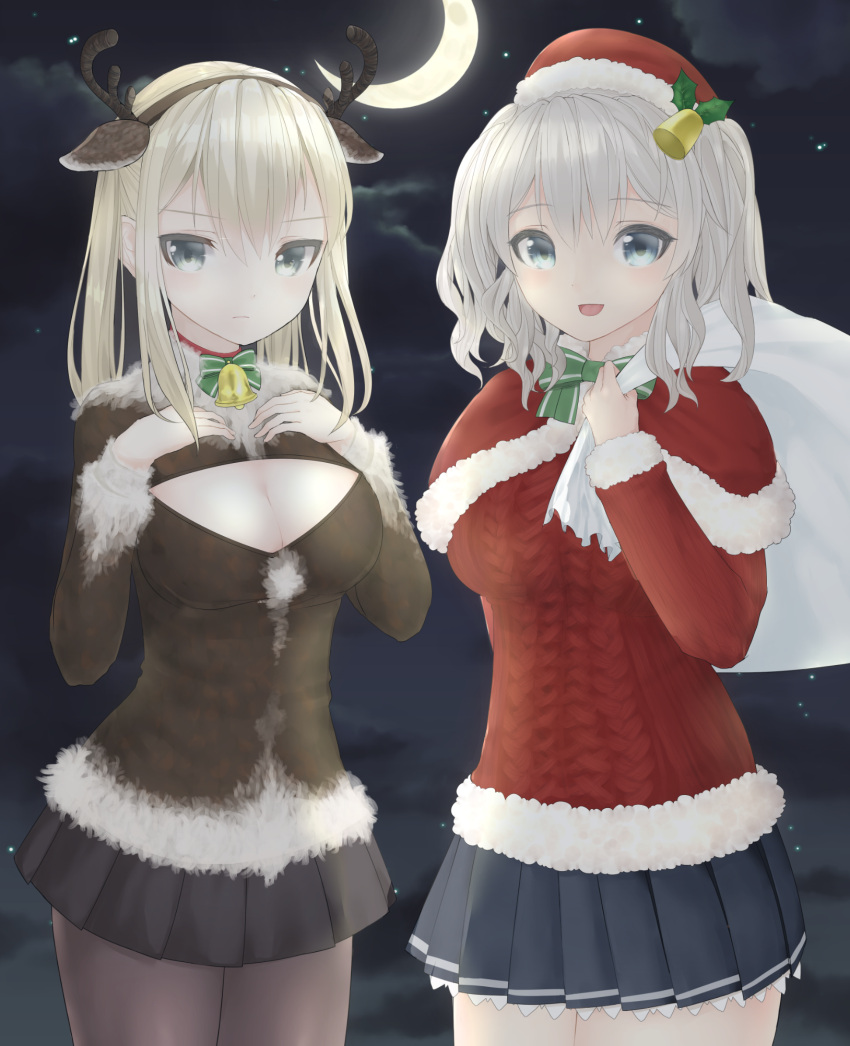 2girls animal_ears antlers aran_sweater artist_request bell blonde_hair breasts capelet christmas cleavage cleavage_cutout clouds crescent_moon fake_animal_ears graf_zeppelin_(kantai_collection) grey_eyes hair_bell hair_ornament hairband hands_on_own_chest hat highres kantai_collection kashima_(kantai_collection) large_breasts miniskirt moon multiple_girls open-chest_sweater pantyhose pleated_skirt reindeer reindeer_antlers reindeer_ears santa_hat silver_hair skirt sky smile sweater thigh-highs twintails